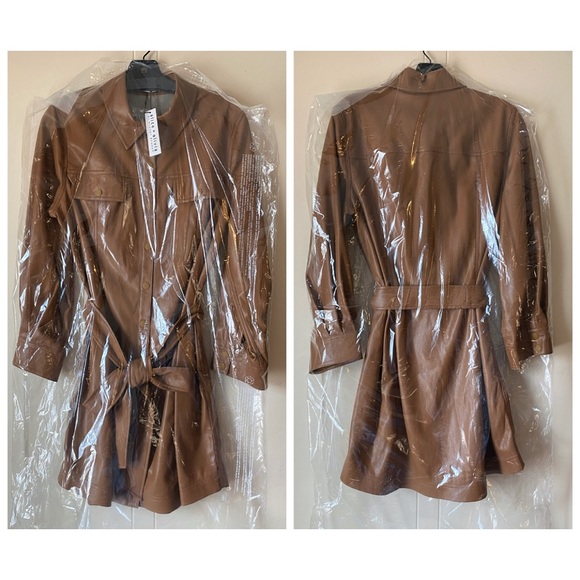 Alice + Olivia Miranda Vegan Leather Tie Waist Brown Mini Dress - Picture 7 of 16